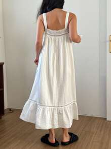 DAZY Camisón de mujer con parches de encaje, tirantes anchos, volantes en el bajo y unicolor, Moo Moo - Blanco - Ver 2