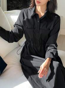 DAZY 设计领收腰轻盈长裙衬衫裙秋季连衣裙长袖连衣裙