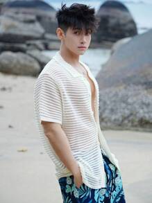 DAZY Summer Men's White Ribbed Knit Vacation Pullover - White - View 5