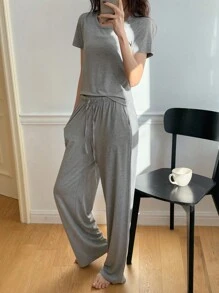 DAZY 2pcs Women Short Sleeve Solid Color Comfortable Pajama Set - Grey - View 3
