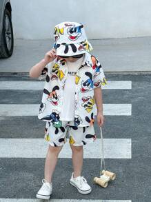 3 件装年轻男孩可爱休闲兔子短袖衬衫短裤渔夫帽三件套适合年轻男孩服装，适合年轻男孩服装。适合日常锻炼、上学、居家、日常穿着，适合日常使用，适合校服，适合旅行，适合运动，适合春夏季节。