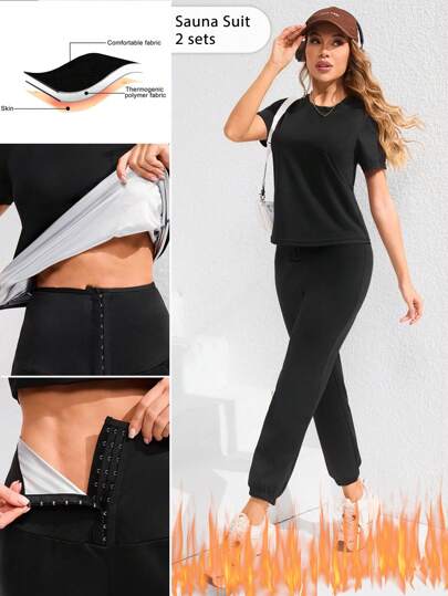 Easithlete Solid Color Short Sleeve & Long Pants Sportswear, Casual Workout Sweating Suit