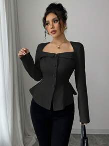 Elenzga 女士法式优雅通勤梯形领方领前中开扣装饰腰线A字长袖衬衫，春秋冬