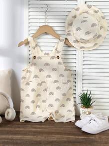 SHEIN Vintaside Kids 2pcs/Set Young Boys' Summer Fashion Knitted Graphic Printed Half-Circle Pattern Bib Pants + Bucket Hat Set, Suitable For Casual, School, Travel, Holiday, Relaxation, Summer