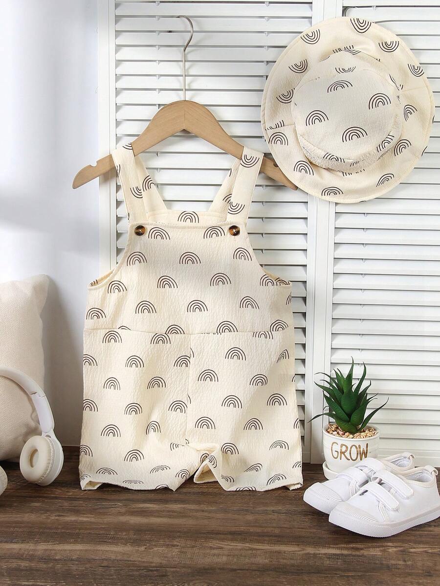 SHEIN Vintaside Kids 2pcs/Set Young Boys' Summer Fashion Knitted Graphic Printed Half-Circle Pattern Bib Pants + Bucket Hat Set, Suitable For Casual, School, Travel, Holiday, Relaxation, Summer