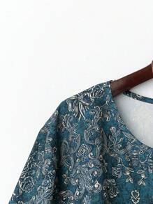 EMERY ROSE 大码女式花卉数字渐变复古休闲宽松 V 领长袖衬衫，春夏 - 藍色 - 查看 3