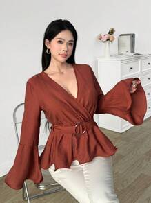 Modelyn Áo cánh tay chuông màu trơn thanh lịch dành cho nữ - Gỗ đỏ - Xem 1