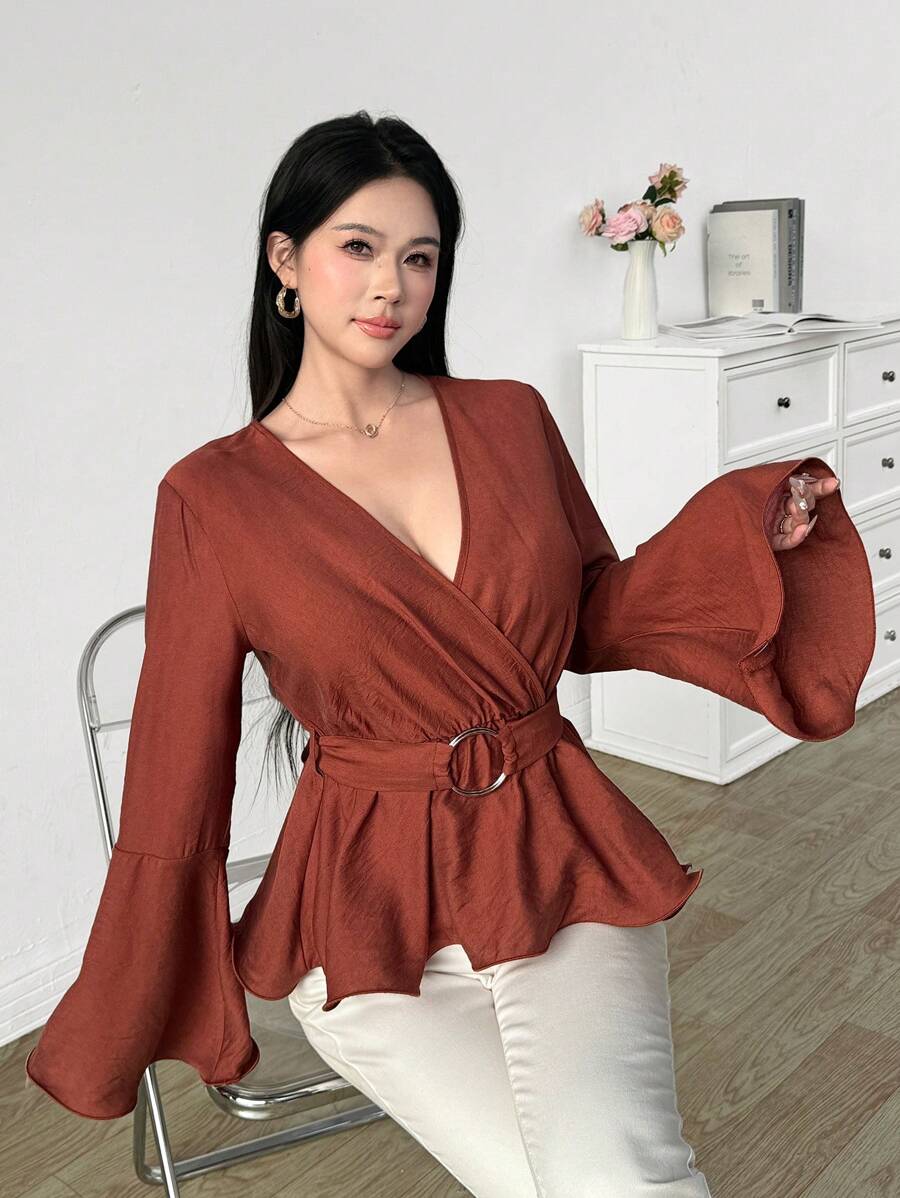 Modelyn Áo cánh tay chuông màu trơn thanh lịch dành cho nữ - Gỗ đỏ - Xem 1