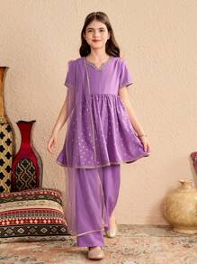 Tween Girl 2pcs Set: Ramadan Ramadan Purple V-Neck Short Sleeve Cropped Top And Solid Color Straight Leg Long Pants, Suitable For School And Casual Outings.