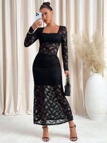 SHEIN Clasi Women Hollow Out Sexy Lace Textured Dress, Valentine's Day Outfit