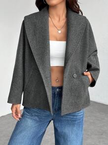 SHEIN PETITE Abrigo elegante de mezcla de lana gris, cálido para otoño e invierno, nuevo lanzamiento