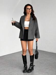 SHEIN PETITE Abrigo elegante de mezcla de lana gris, cálido para otoño e invierno, nuevo lanzamiento
