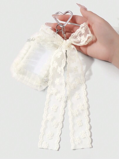 Kawaii 1pc Minimalist Versatile Delicate High-Quality Beige Mesh Embroidered Bow Star Pendant White Card Lanyard Badge ID Card Keychain Bag Charm, Suitable For Office Workers, Students, Daily Wear, Holiday Gift