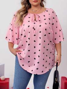 SHEIN CURVE+ Plus Size Valentine's Day Heart Print Long Sleeve Shirt, Suitable For Spring And Winter, For Summer