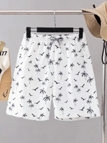 SHEIN Teen Boys White Printed Beach Shorts/Swim Trunks, Perfect For Beach Party, Music Festival, Summer Swimming, Surfing, And Spa