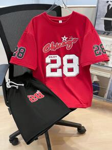 SHEIN Leap Crew 2 Pieces Casual Number & English Letter Printed Red T-Shirt & Black Shorts Set For Teen Boys, Street Punk Rock Academic Daily Outings Parties Music Festivals, Suitable For Spring/Summer, Basketball - Multicolor - View 2