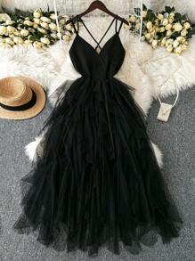 DreamSkyne Exquisite & Elegant  Plus Size Black Mesh Ruffle Dress, Elegant Criss-Cross Cami Dress For Special Occasions, Wedding Guest
