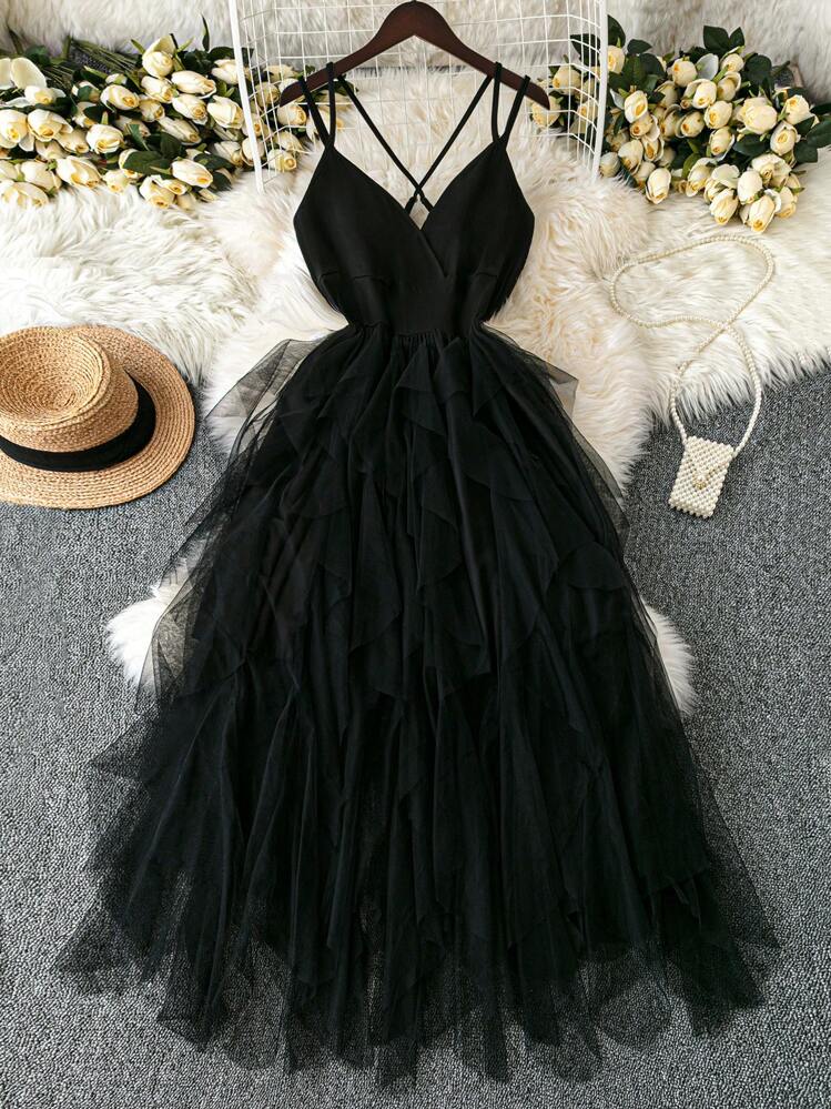 Rometta Vestido largo negro para mujer, vestido de gala formal con cuello en V, combinación de malla y punto de camisa con cintura alta, estilo elegante, tallas grandes - Negro - Añade 1