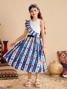Blue And White Retro Print Ruffle Trim Summer Tea Party Modest Sweet Style - Multicolor - View 7