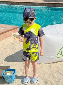 SHEIN 3 Piece Young Boys Boys Casual Sports Swimsuit With Dinosaur Pattern Kids Outfits Young Boy Clothes Back To School Boys Set Suitable For Outdoor Swimming Suitable For Daily Use Suitable For School Suitable For Travel Suitable For Sports Suitable For Spring, Summer, Autumn And Winter Seasons