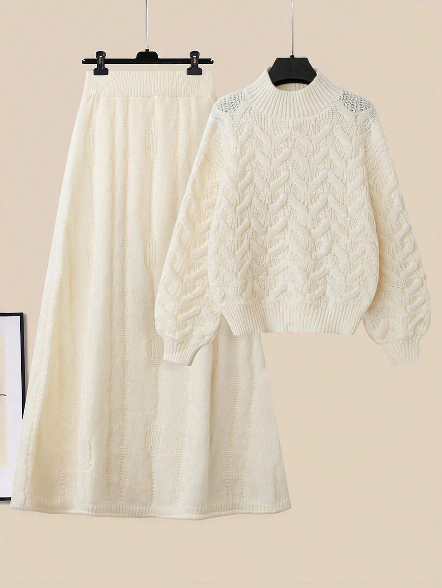 Chiquease 2 件针织毛衣套装：纯色长袖上衣和裙子，休闲时尚，适合日常穿着 - 杏色 - 查看 1