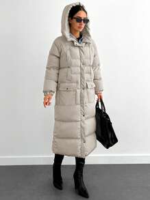 EURMUSE Long Padded Coat Keeping Warm With Big Two Pockets - Beige - View 4
