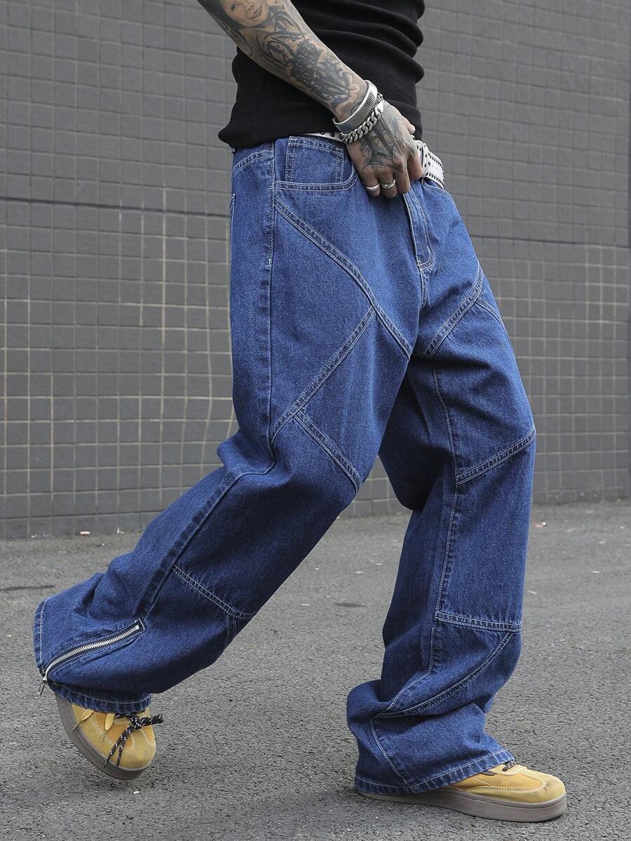 Manfinity Roghcode Men's Casual Straight Loose Fit Jeans With Pockets - Dark Wash - View 1