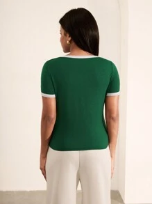 SHEIN Unity Women's Color Block Fitted Short Sleeve Top, Casual And Fashionable For Everyday Wear - Green - View 2
