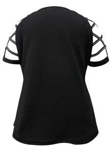 Blusa de mujer talla grande con hombros con recorte y cremallera con aplicaciones de rhinestone - Negro - Ver 2