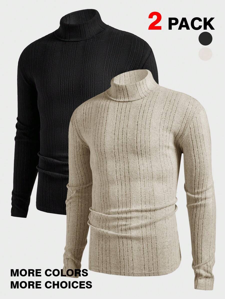 Manfinity Basics Men's 2 Pieces Knitted Fit Basic Style Casual High Neck Shoulder Long Sleeve T-Shirt Suitable For Autumn And Winter - Apricot - View 1