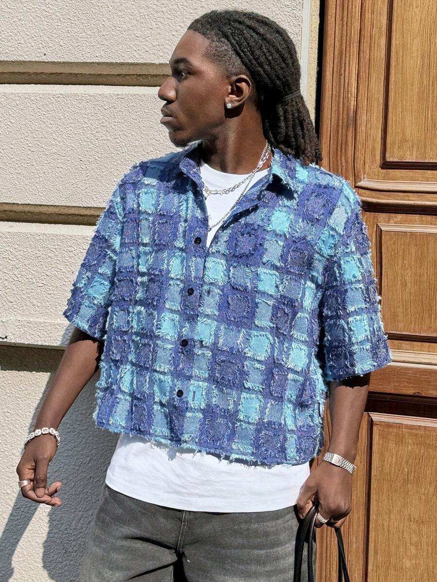 AXEPEAK Áo crop top dệt kẻ caro tay ngắn màu xanh dành cho nam, phù hợp cho mùa hè, sẵn sàng cho phong cách đường phố - Màu xanh lam - Xem 1