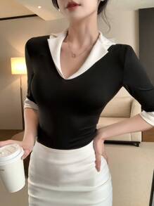 DAZY 女士拼色仿两件套休闲 T 恤，简约时尚，适合日常穿着 - 黑色 - 查看 3