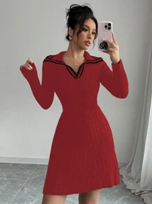 Elenzga Ribbed Collar A-Line Women Sweater Dress Fall Cloth For Women - Multicolor - View 1