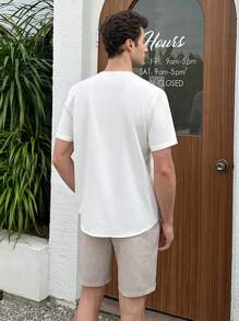 Manfinity NXTstreet Manfinity Modomio 2 Pieces Set Men's Fitted Crew Neck T-Shirt Outfit, Suitable For Summer,Beach Men Shirt,Beach Men,Men Dress Shirt,Men Shorts Set,Two Pieces Beach Set - White - View 5