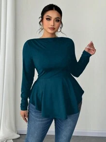 SHEIN Unity Plus Size Women Off Shoulder Long Sleeve A-Line Waist T-Shirt - Teal Blue - View 6