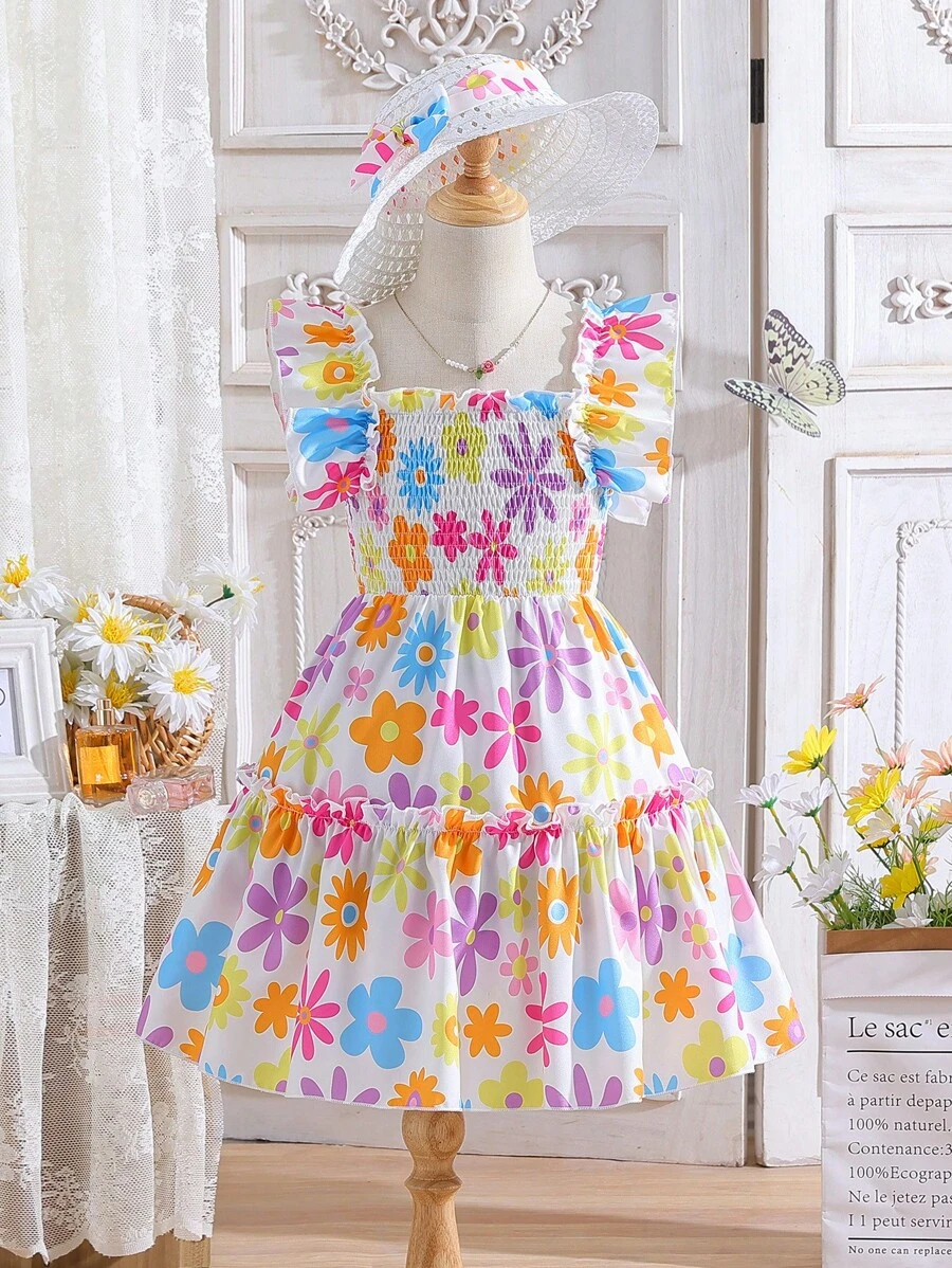 SHEIN Young Girl Square Neck Gathered All-Over Print Dress - Multicolor - View 1