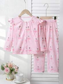 Young Girl Fairy Print Long Sleeve And Long Pants Pajama Set - Pink - View 1