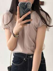 DAZY 女士撞色网眼泡泡袖衬衫，春夏可爱上衣 - 杏色 - 查看 6