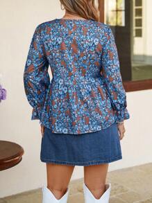 SHEIN LUNE Blus Kasual Sederhana Ukuran Besar, Cocok untuk Pakaian Sehari-hari, Mardi Gras, Pesta Rave, Gaya Liburan, dan Hari Raya. - Biru - View 2
