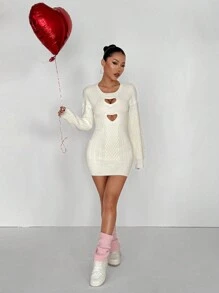 Flirla Vestido de punto con diseño de corazón hueco, versátil, para el Día de San Valentín - Blanco - Ver 4