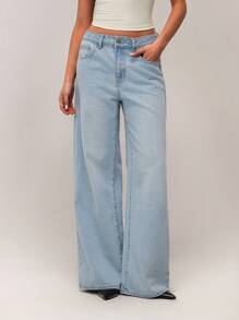 Forever 21 New Spring Women's Low Rise Loose Flare Leg Casual Commuter High Street Washed Light Blue Retro Versatile Jeans Pants - Baby Blue - View 1