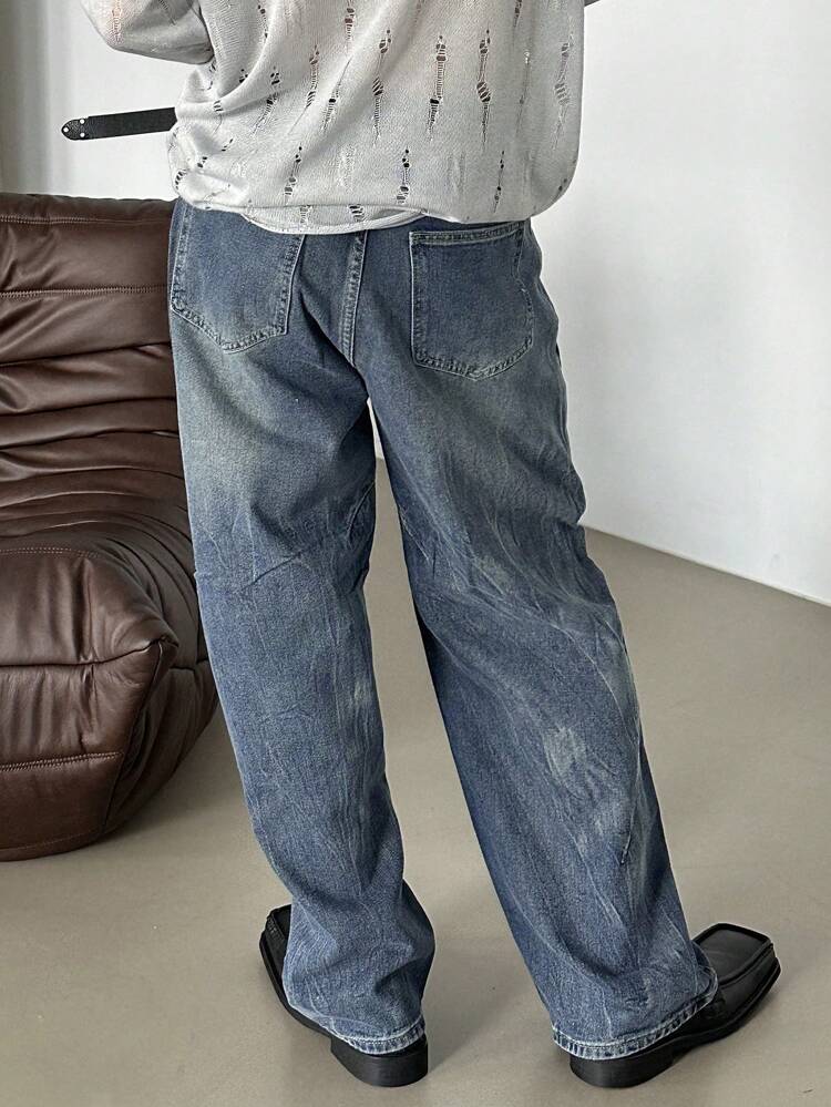 Men's Plain Blue Denim Jeans, Casual & Fashionable For Everyday Wear, Autumn