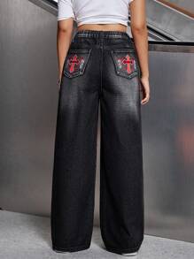 SHEIN Explorewe Teen Girl Rhinestone Accent Wide Leg Jeans, Street Style Cool - Black - View 2