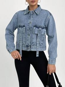 EURMUSE CROP RIGID JACKET STYLE CASUAL SIMPLE FASHION DAILY - Medium Wash - View 5