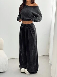 SHEIN EZwear 2pcs/Set Women's Summer Casual Asymmetric Hem Cropped Top And Pants Matching Set