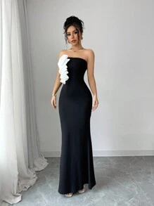 Elenzga Women Elegant Tube Dress With Sculpted Floral Design Fishtail Dress