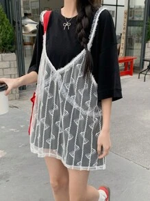 DAZY Women Round Neck Casual Lace Splicing Short Sleeve T-Shirt - Black - View 2