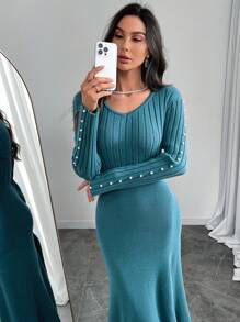 Modelyn Vestido jersey casual de manga larga con cuello en V y decoración de perlas sintéticas para mujer - Agua verde azul - Ver 4