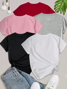 SHEIN Unity 5 件装 女式口号字母印花 T 恤短袖休闲上衣图案 T 恤女式上衣 - 彩色 - 查看 2