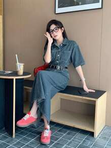 DAZY 女式休闲水洗前扣短袖长牛仔连衣裙，返校服装秋冬